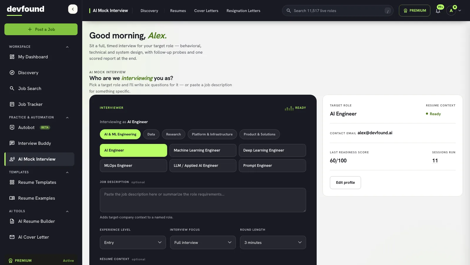 The devfound AI mock interview: pick a role and job description to run a timed interview and get a hiring-ready report.