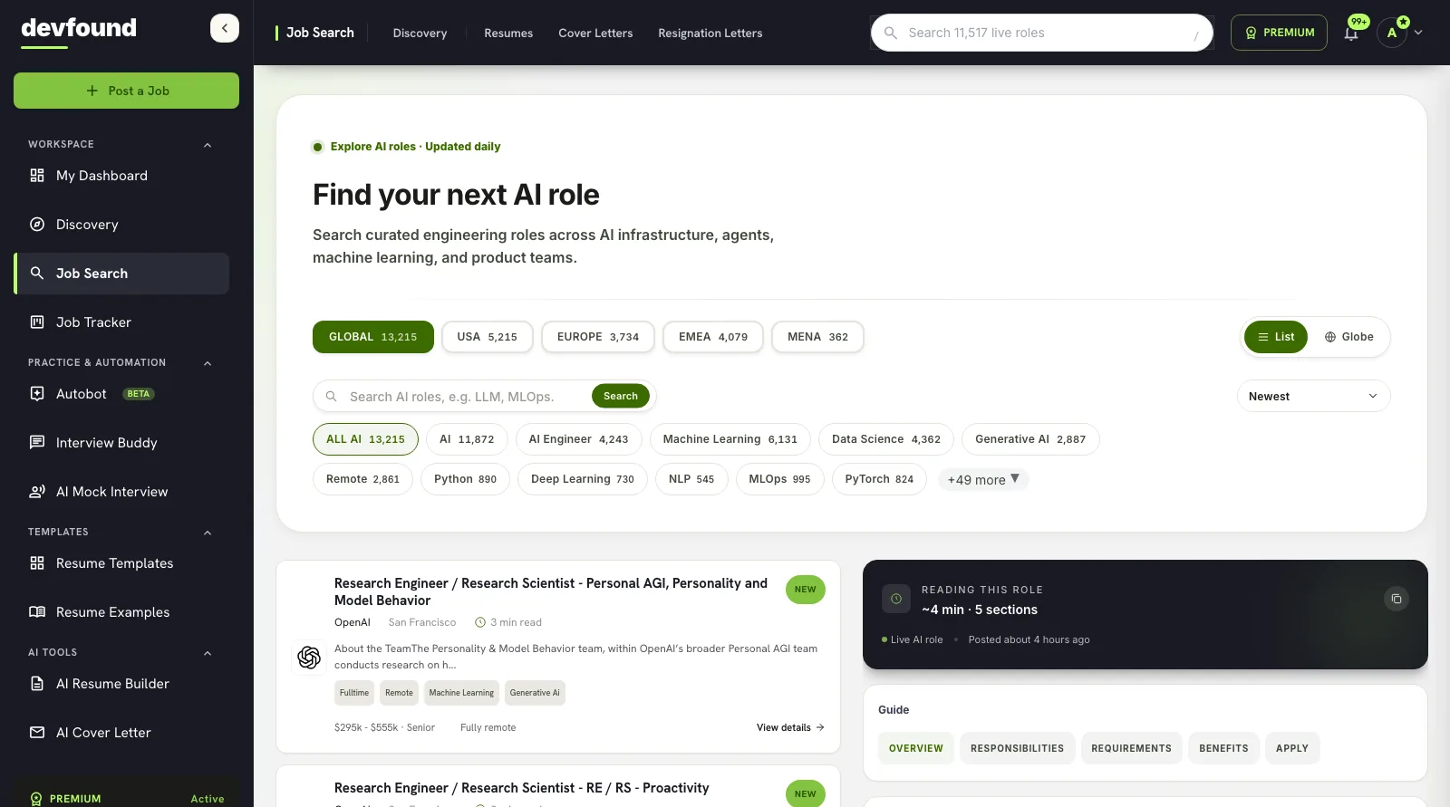 The devfound AI/ML job board showing thousands of live roles with search, filters, and per-role details.